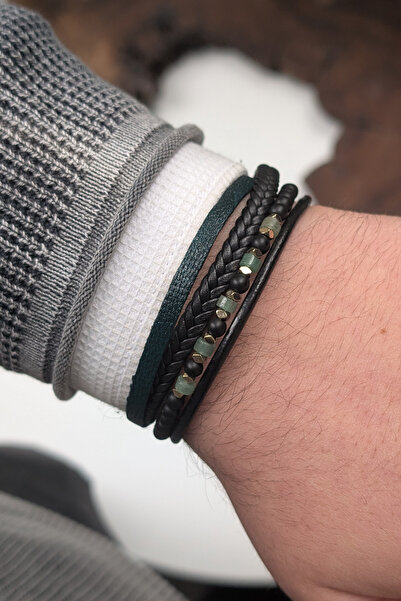 cheetah quality Doğal Taşlı Özel Yapım Hakiki Deri Erkek Bileklik