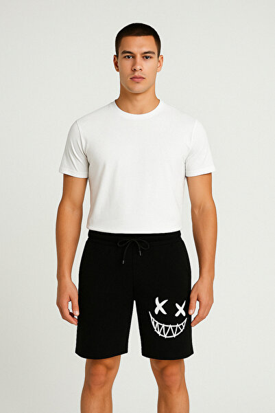 MODA İLEMA Men's Black Sports Shorts - Smiling Printed - Oversize Fit - S-7Xl