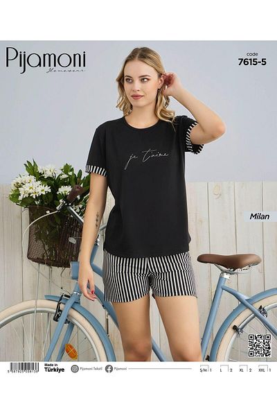 Pijamoni Μαύρο χρώμα μπαμπού Milan υφασμάτινο κοντομάνικο σορτς γυναικείο σετ πιτζάμες