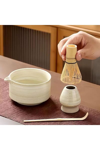 COOYA Matcha Set, Accessory Kit with Stirrer, Spoon, Cup & Stand Ceramic Matcha Whisk Holder (Beige)