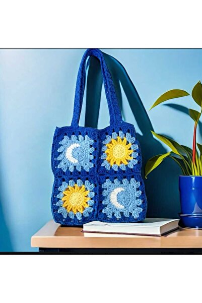 Kadın Girişimciler Atölyesi Gece Gündüz Motifli Model Handmade Örgü  % 100 Cotton Kadın El Çantası