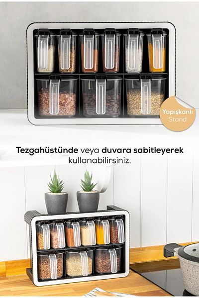 Şener collection طقم 9 علب توابل مع حامل وملعقة باللون الأسود - وعاء توابل مع حامل