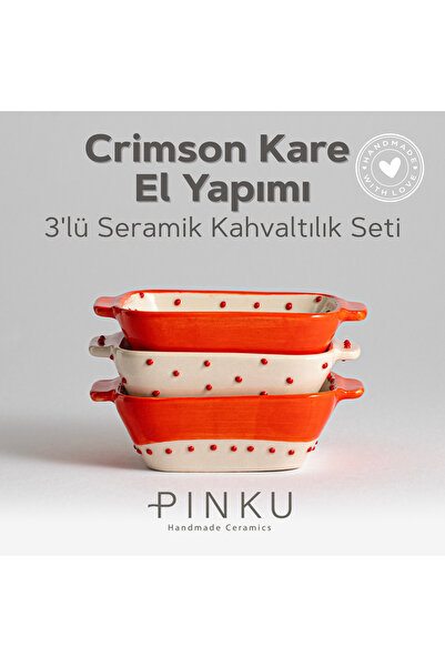 PINKU Ceramics Crimson Dikdörtgen El Yapımı Seramik 3'lü Kahvaltı Seti- (TATL...