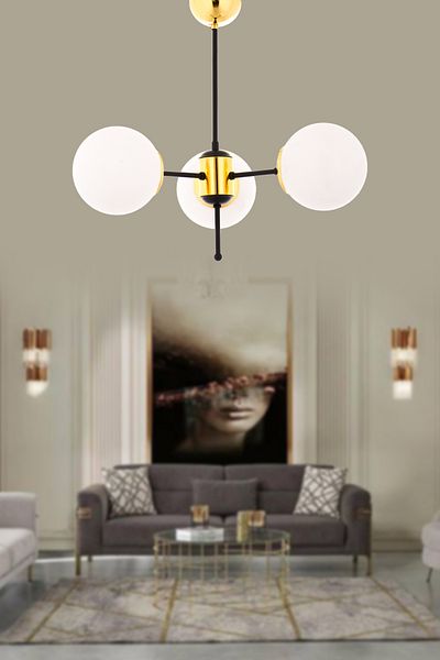 Step Aydınlatma Ava Black-Yellow 3-Arm Modern Living Room Y. Room O. Room Chandelier