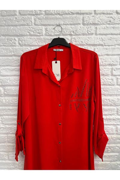 Butik Eylül ,Large Size Evening Dress Shirt Stone Embroidery Fold Sleeve Red