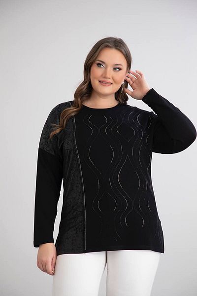 Butik Ayseba Women's Black Stone Leather Detailed Stylish Long Sleeve Large Size Blouse
