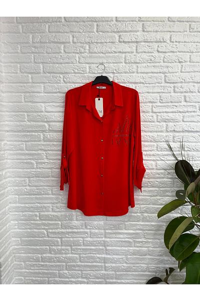 Butik Eylül ,Large Size Evening Dress Shirt Stone Embroidery Fold Sleeve Red