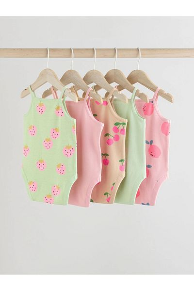 Next Baby 100% Organic Cotton Multicolored Fruit Patterned Straps 5-Piece Baby Bodysuit Alye58050
