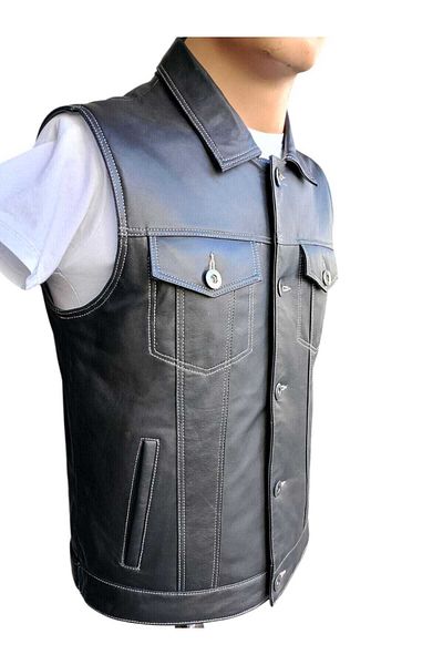 Savran Deri Genuine Leather Men's Biker Black Vest