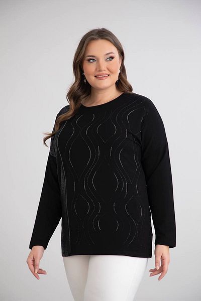Butik Ayseba Women's Black Stone Leather Detailed Stylish Long Sleeve Large Size Blouse