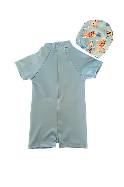 YUMİYUMM Costum de baie pentru fetiță, cu imprimeu cu caractere, albastru și cu fermoar ascuns