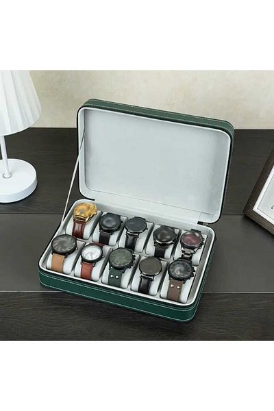 zyc Zippered Luxury Green Color Faux Leather Watch Case 10 Capacity Dustproof Watch&Jewelry Storage Box.