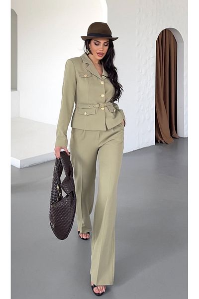 pembekurdelem Women's Belt Detail Classic Jacket Trousers Suit Khaki