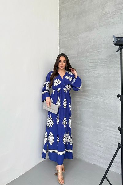 Mezka Ethnic Patterned Viscose Long Sleeve Blue Dress