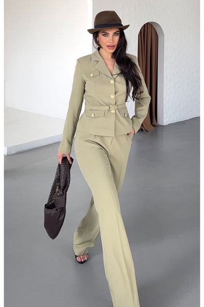 pembekurdelem Women's Belt Detail Classic Jacket Trousers Suit Khaki