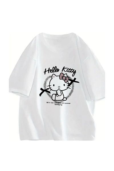 Gofeel Kitty Grafitty Printed Detailed Short Sleeve Oversize Unisex T-Shirt
