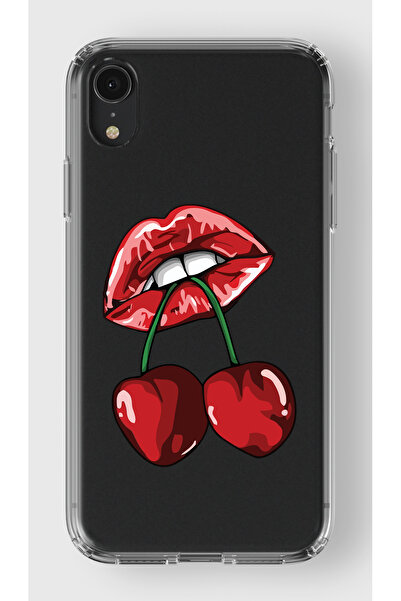 moonset Iphone XR Uyumlu Dudak ve Kiraz Tasarımlı Baskılı Şeffaf Telefon Kılıfı