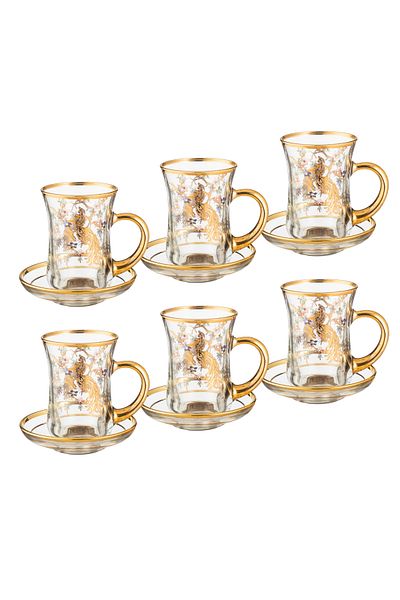 Dania Turkish Crystal Tea Cup Set Laser Engraved Colorful Bird Decor 6 Cups + 6 Saucers