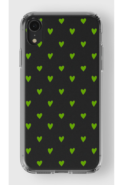moonset Iphone XR Uyumlu Yeşil Kalpler Tasarımlı Baskılı Şeffaf Telefon Kılıfı