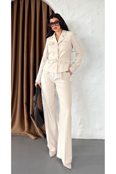 pembekurdelem Women's Belt Detail Classic Jacket Trousers Suit Stone