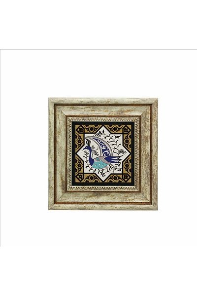 Sadrazam Natural Stone Painting with Peacock Figure and Anatolian Seljuk Star Motif Printed (20 X 20 Kd-31)