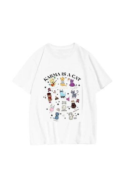Gofeel White Karma Is Cat Printed Detailed Short Sleeve Oversize Unisex T-Shirt
