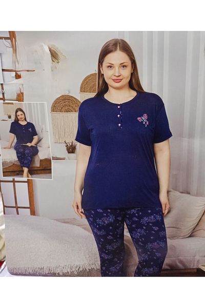 Lila Women's Bato Viscose Combed Cotton Short Sleeve Navy Blue Pajama Set