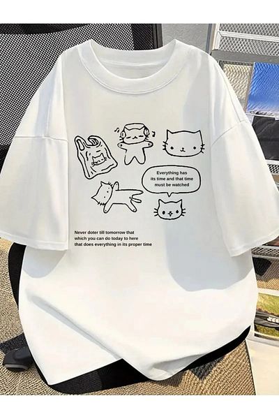 Gofeel White Retro Cartoon Printed Detailed Short Sleeve Oversize Unisex T-Shirt
