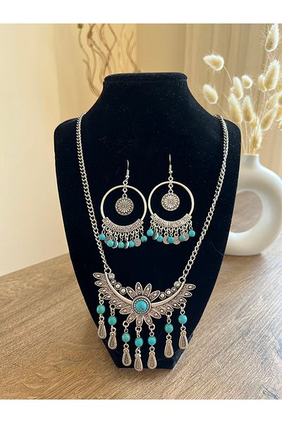 Büyük Hanım Retro Style Turquoise Bead Large Model Necklace Earring Set