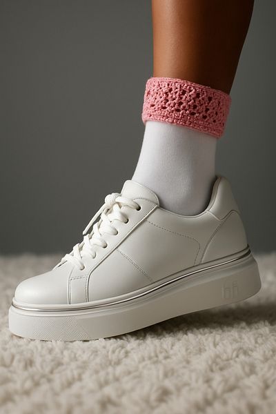 DİLARRA Boutique Pink Crochet Knit Embroidered White Long Socks