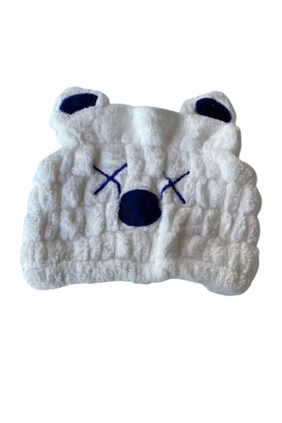 CAŞ DEKORASYON White and Blue Teddy Bear Figured Hair Towel - Elastic Bonnet