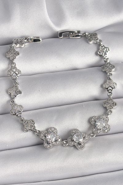 Celira Brass Silver Color Zircon Stone Clover Model Women's Bracelet