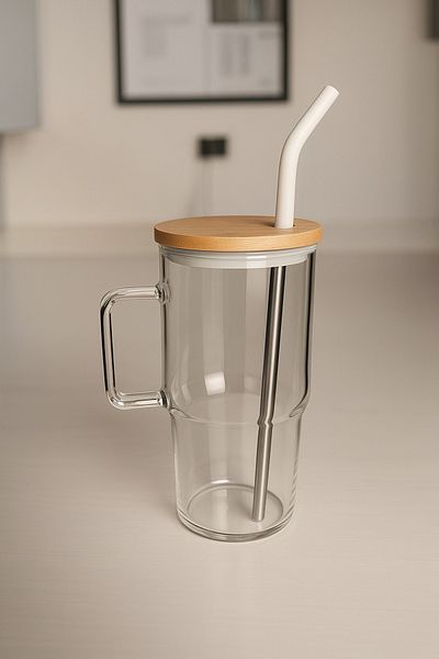 Sever 1000 ml Glass Office Drink Cup with Bamboo Lid |   Silicone Tip with Steel Straw
