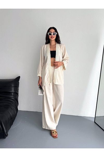Elinmoda طقم بنطلون جاكيت كتان