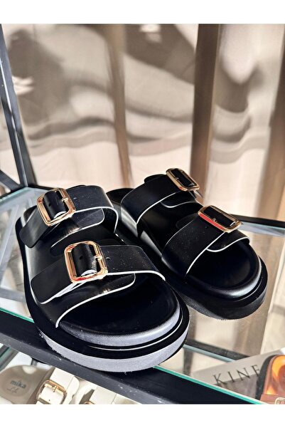 Eataly Shoes Black Gold Buckle Double Banded India Leather Slippers