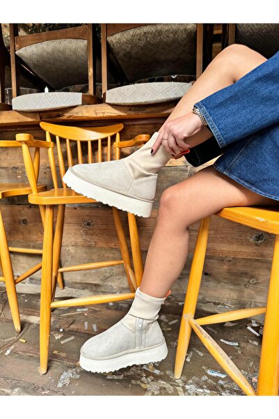 Eataly Shoes Dessi Bej Streç Detaylı Platform Bot Rugan Ayakkabı