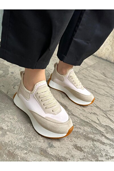 Eataly Shoes 207-296 Μπεζ Λευκό Ελαστικό Δαντέλα Λεπτομερή Γυναικεία Αθλητικά