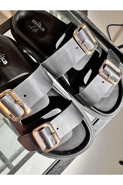 Eataly Shoes Black Gold Buckle Double Banded India Leather Slippers