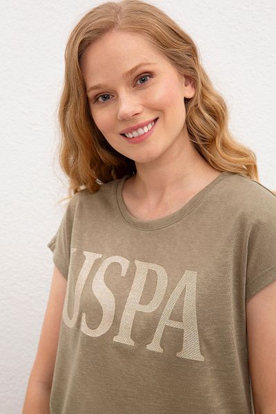 U.S. Polo Assn. Tricou kaki cu gât crew pentru femei