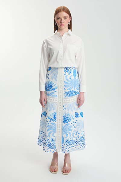 Zühre ÇİÇEK DESENLİ DANTEL DETAYLI MAVİ ETEK 0187