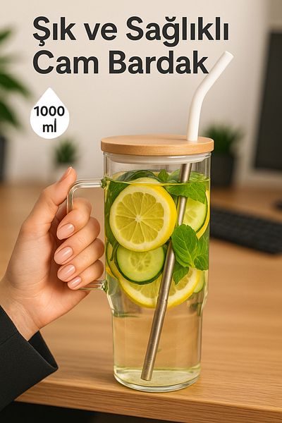 Sever 1000 ml Glass Office Drink Cup with Bamboo Lid |   Silicone Tip with Steel Straw