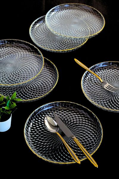 tabakevi Plate House Gold Gilded Glass Cake Plate 19cm 6 Pcs 2339