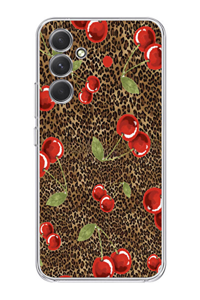 moonset Samsung Galaxy A54 Uyumlu Leopar ve Kiraz Tasarımlı Baskılı Şeffaf Te...