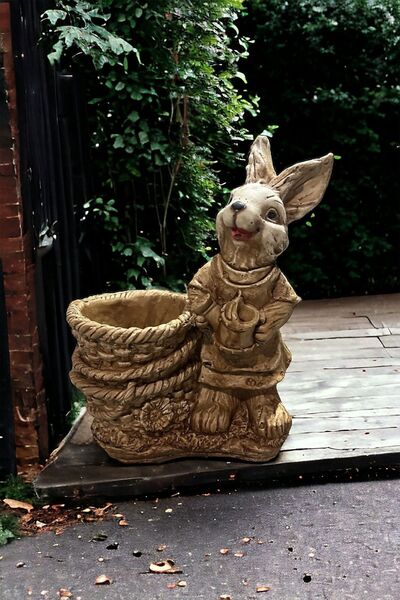 libre design Dekoratif 35cm Kahverengi Sepetli Tavşan Saksı Ev Balkon Bahçe Dekorasyon Bohem Biblo Heykel