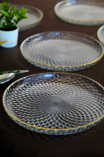tabakevi Plate House Gold Gilded Glass Cake Plate 19cm 6 Pcs 2339