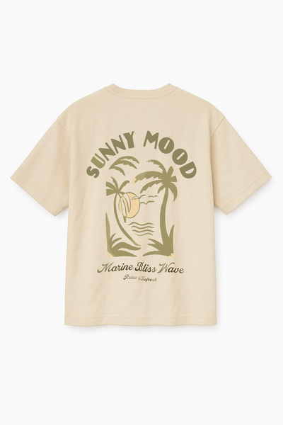 Altair Tr Beige Color Oversize Sunny Mood Palm Printed Unisex T-Shirt T-Shirt