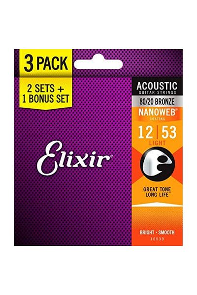Elixir 16539 سلسلة جيتار صوتي نانو ويب برونزية مكونة من 3 قطع (12-53)