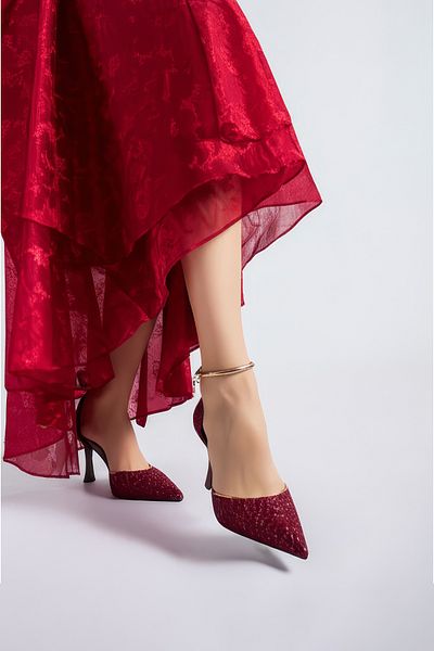 Tasarım Glamorous Stone & Pearl Detailed Lace Overlay Stylish Heeled Shoes Special Design Gold Ankle Strap