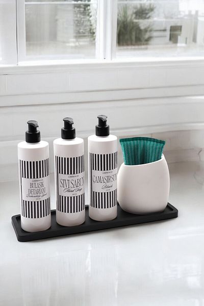 LUMİNA 5 Piece Premium Kitchen Set - 3 White Plastic Matte Bottles with Lettering L Sponge Holder L Black Tray