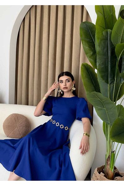HASODİ Balloon Sleeve Crewneck Blouse Cut Midi Length Dress
